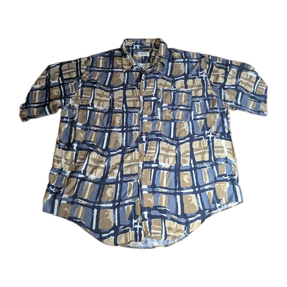 Vintage Impact 100% Rayon Button Up Shirt Men's 2XL Blue Brown Abstract...